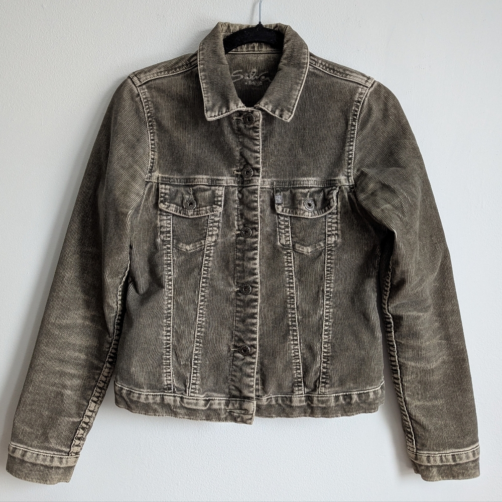 Y2K Silver Jeans Co Acid Wash Corduroy Denim Jacket in Army Green Sz S Grunge